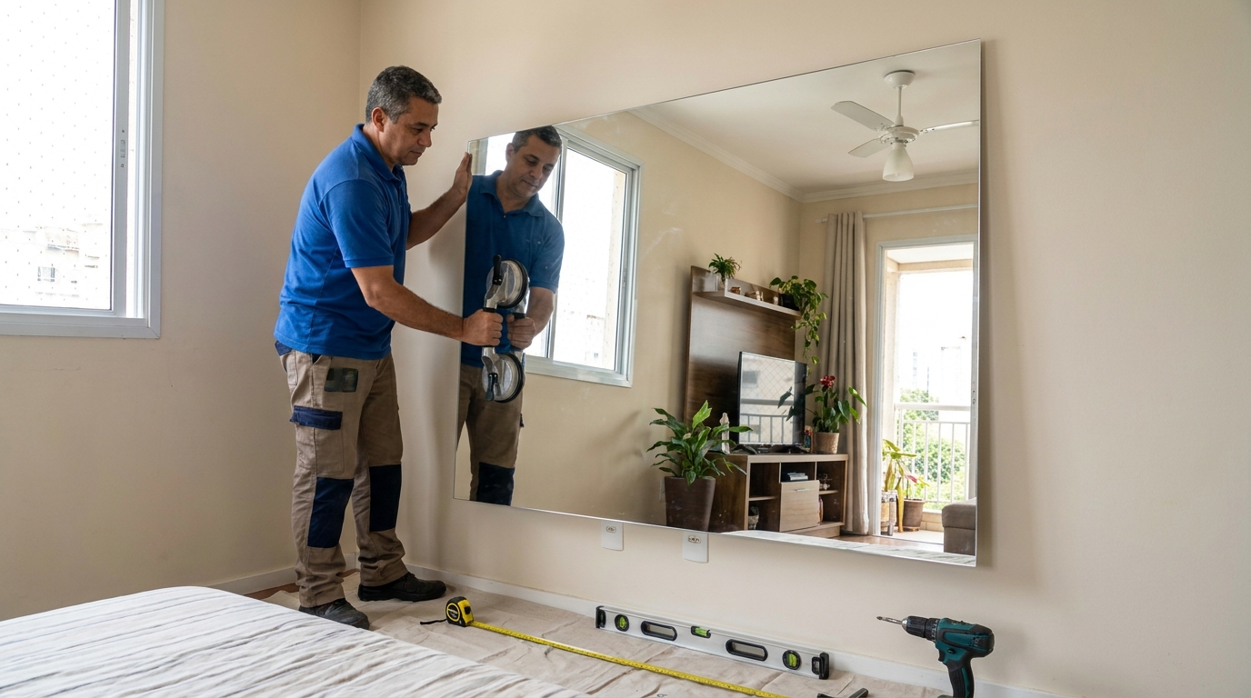 Espelho gigante instalado no quarto em Maringá-PR