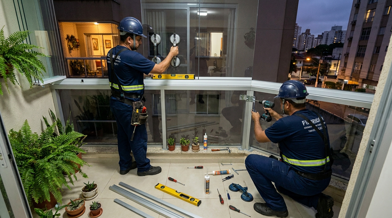 Instalação noturna de parede de vidro em Maringá-PR