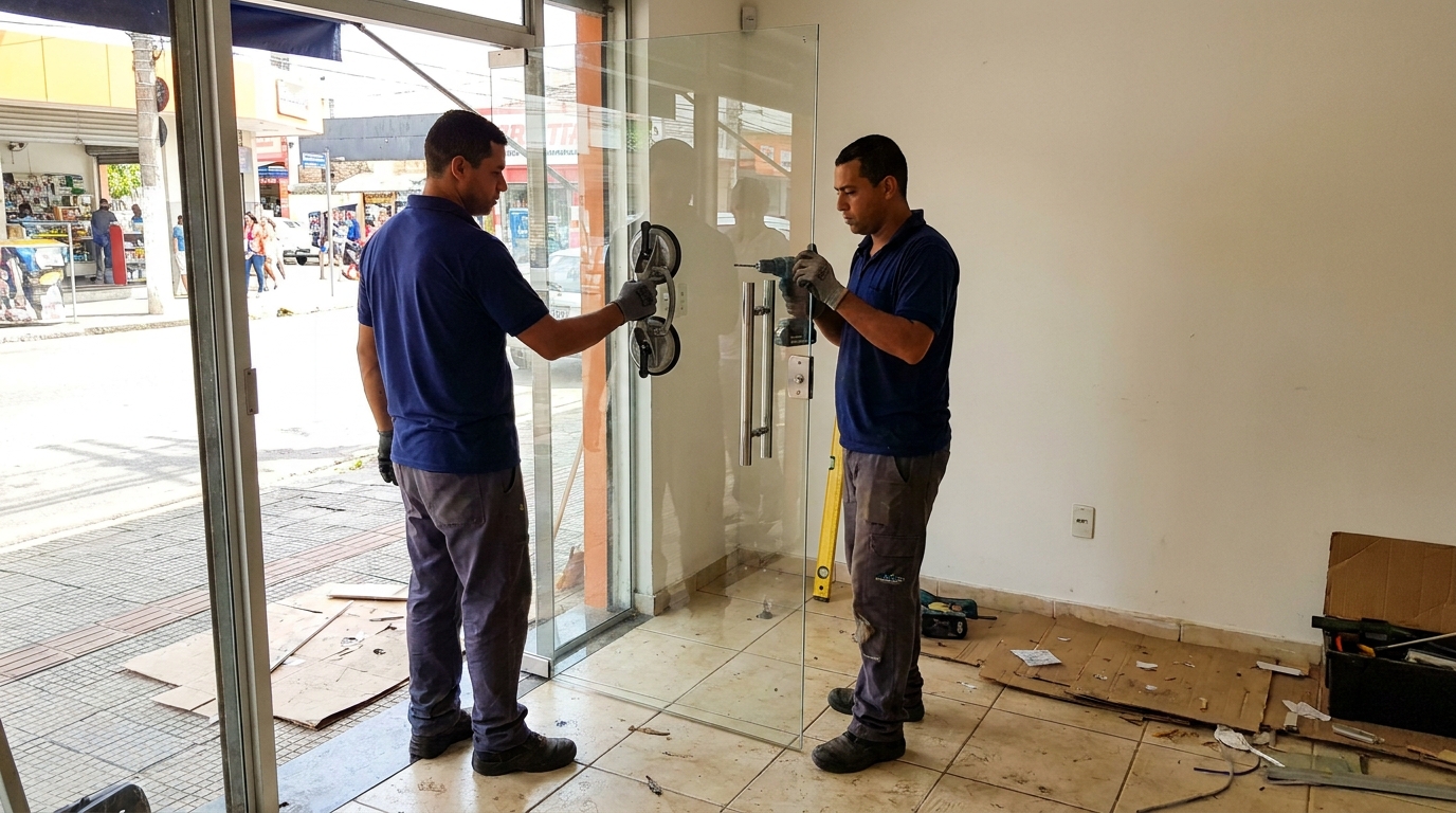 Porta de vidro de loja em rua movimentada em Maringá-PR