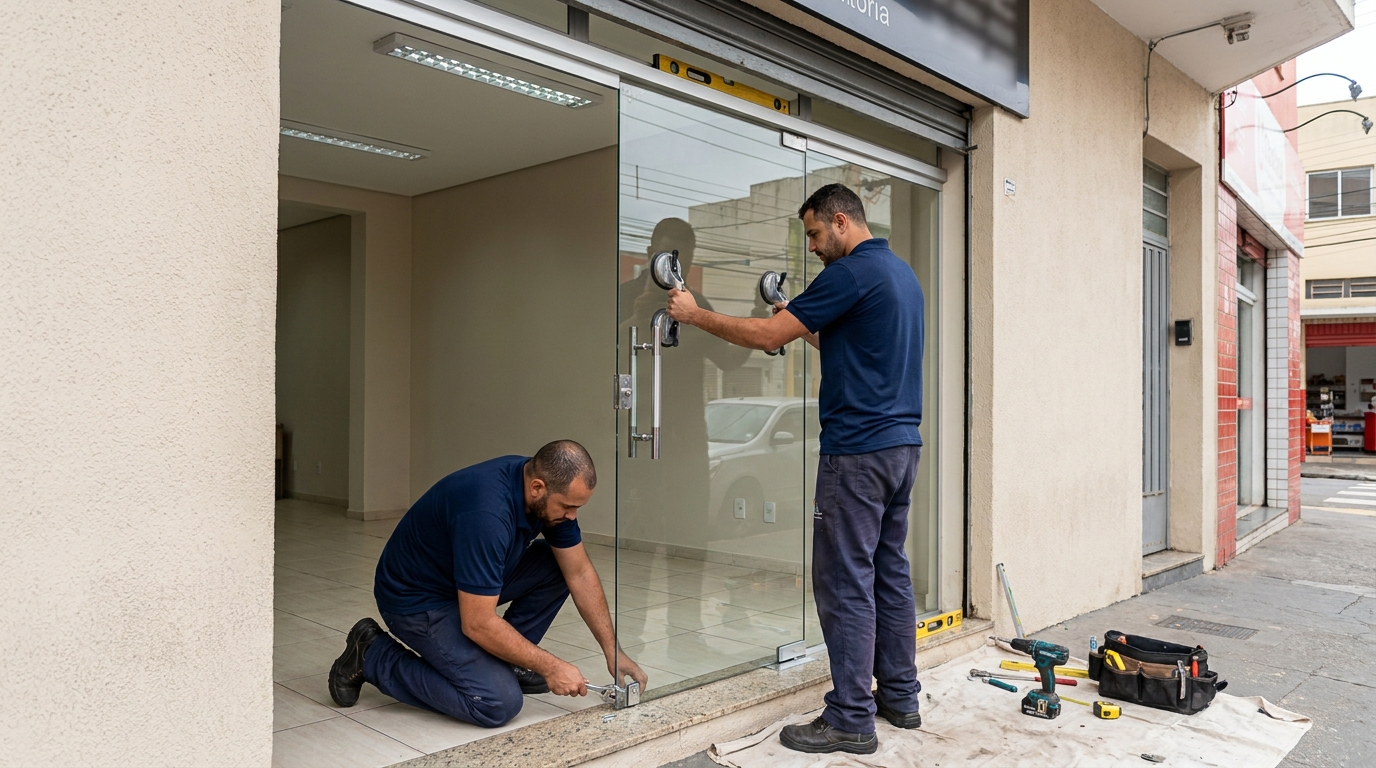 Porta de vidro com puxador inox em Maringá-PR